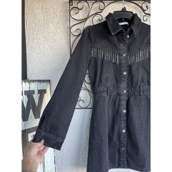 Zara Rhinestone Fringe Denim Dress - Size Small - Picture 5 of 11